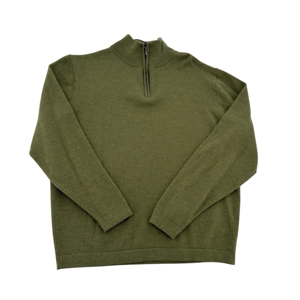Davis & Squire Men L Olive Green 100% Extra Fine Merino Wool Quarter Zip Sweater